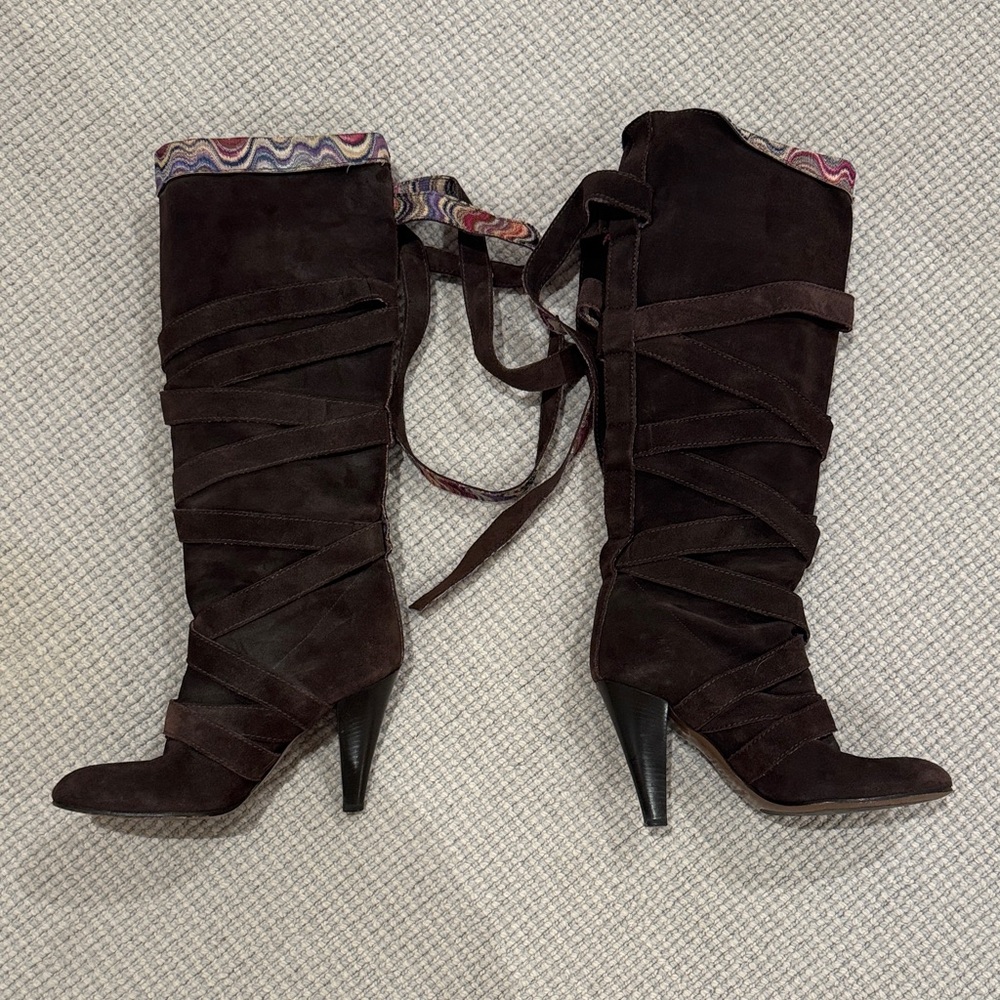 Missoni Dark Brown Heeled Boots with Patterned Trim